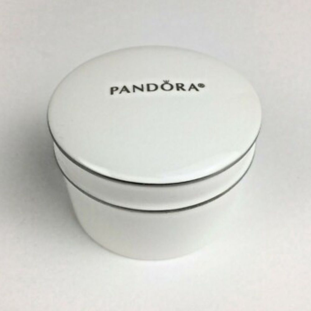 Pandora Ceramic Jewelry Bowl With Top White With Silver Trim